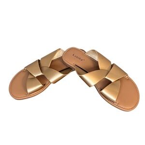 Luoika Flat Strappy Slip On Gold Criss Cross Slide Sandals Size 8 Extra Wide